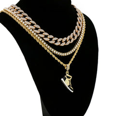 Retro Shoe 4 Pcs Set Cuban, Tennis & Rope Chain Bundle Gold PT