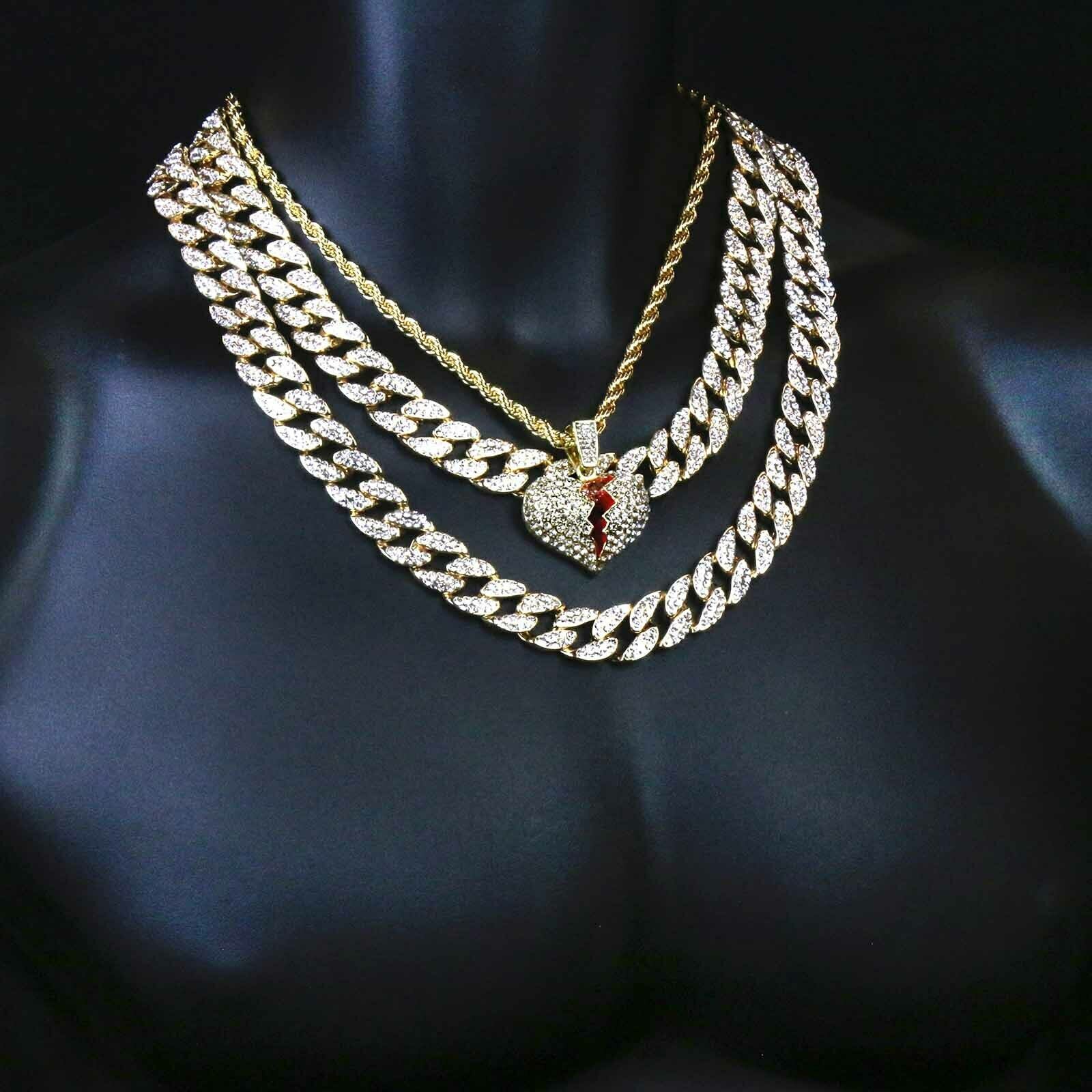 Broken Heart Pendant Roep / Cuban Iced Chain 4pcs Set
