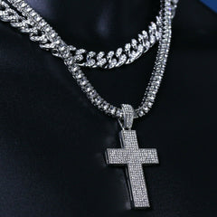 3pc Men's Silver Plated Thick Layer Cross w/ Fully Cz Cuban & Tennis Chain 18"/20"