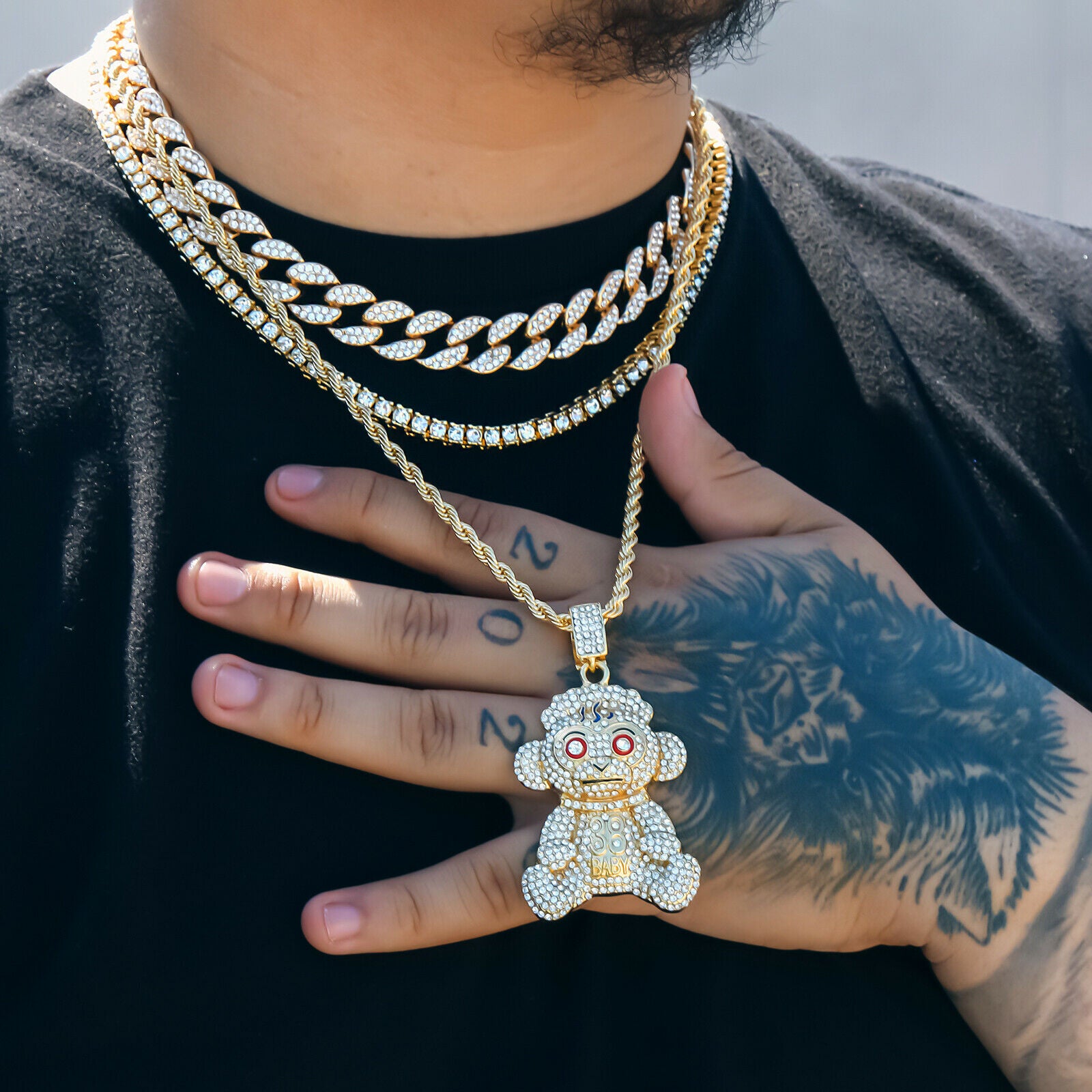 4 Pcs Set Cuban, Tennis, Rope Chain & 38 Baby Gold Plated
