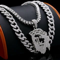3pc Silver Plated Thick Hollow Jesus w/ Fully Cz Cuban & Tennis Chain 18"/20"
