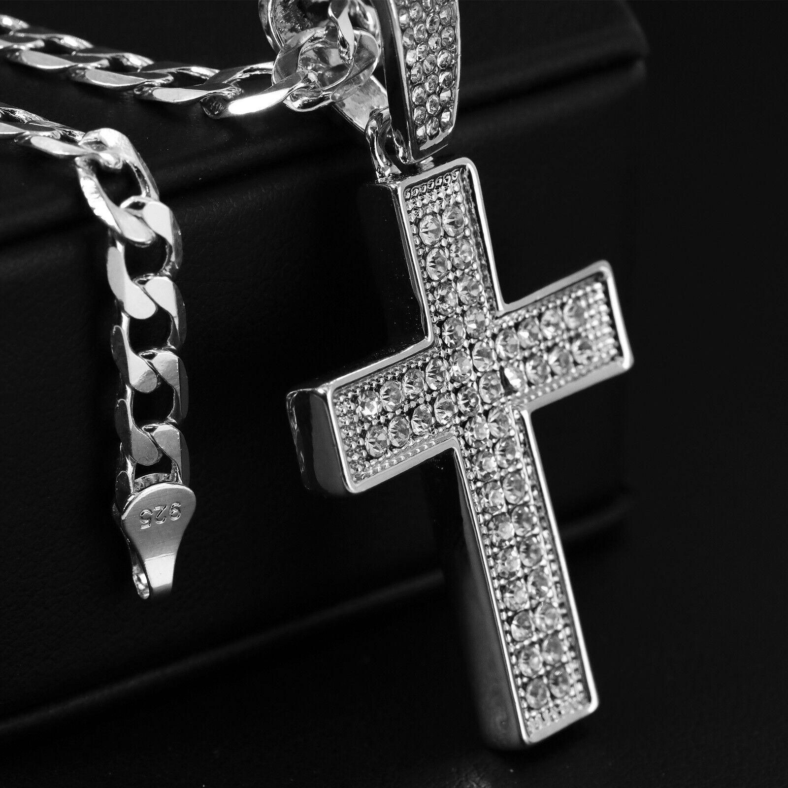 Cubic-Zirconia Two Row Cross Pendant Silver Plated Cuban Choker 18" Chain