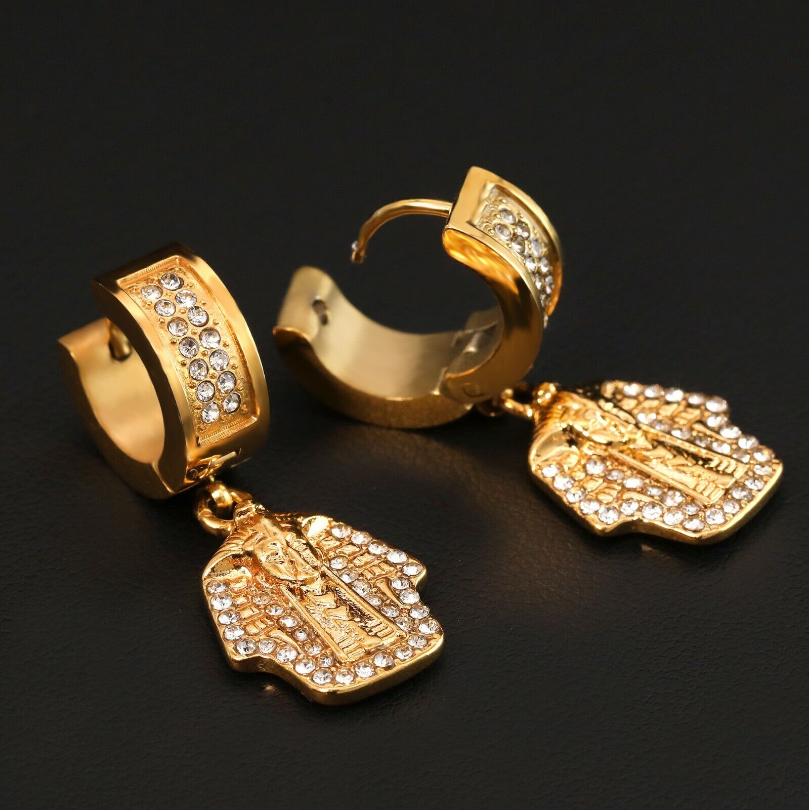 Cubic-Zirconia Gold Stainless Steal 2 Row Tiny Egypt Pharaoh Huggie Hoop Earrings