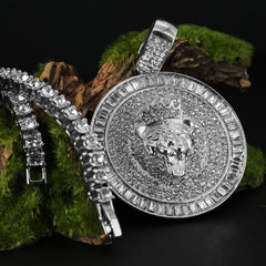 Fully Cubic-Zirconia Round Lion Pendant Silver Plated Two Tennis 18", 20" Chain