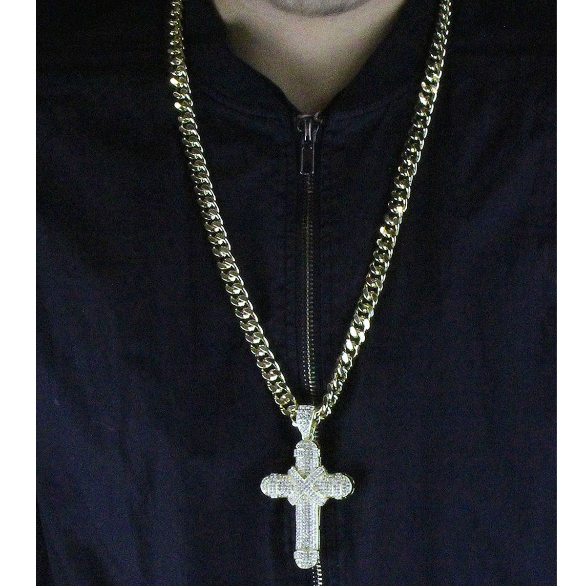 10mm Miami Cuban Link Chain with Iced Out Cross X Cross Pendant – Gold Hip Hop Necklace