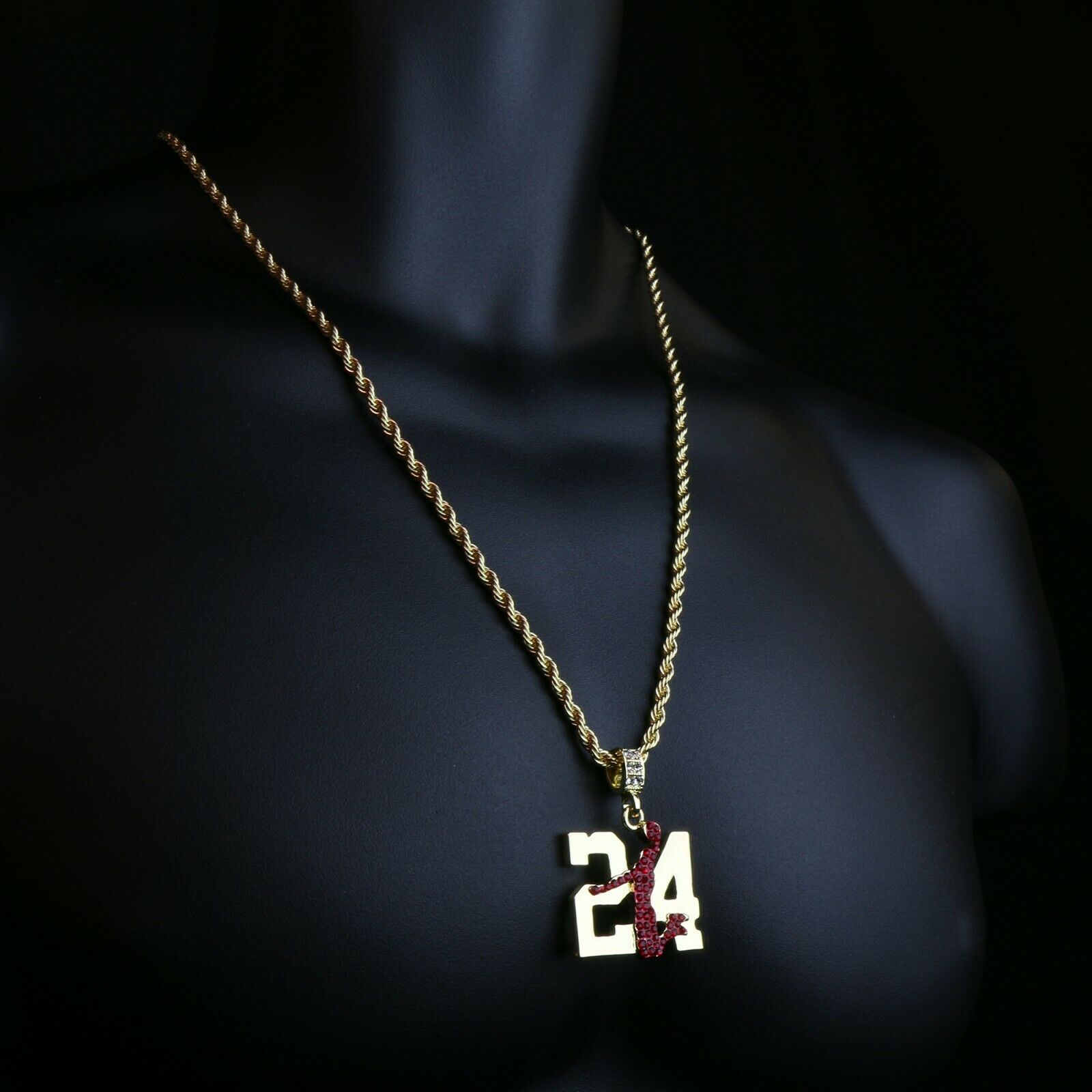 Gold / Red #24 Jump CZ Man Basketball Pendant with Rope Chain