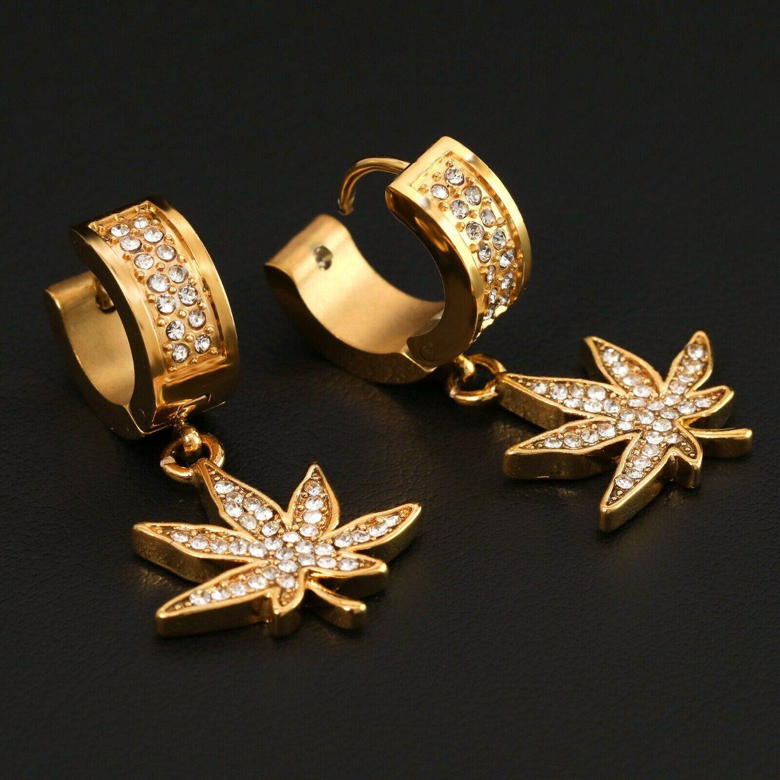 Cubic-Zirconia Gold Stainless Steal 2 Row Marijuana Huggie Hoop Dangle Earrings