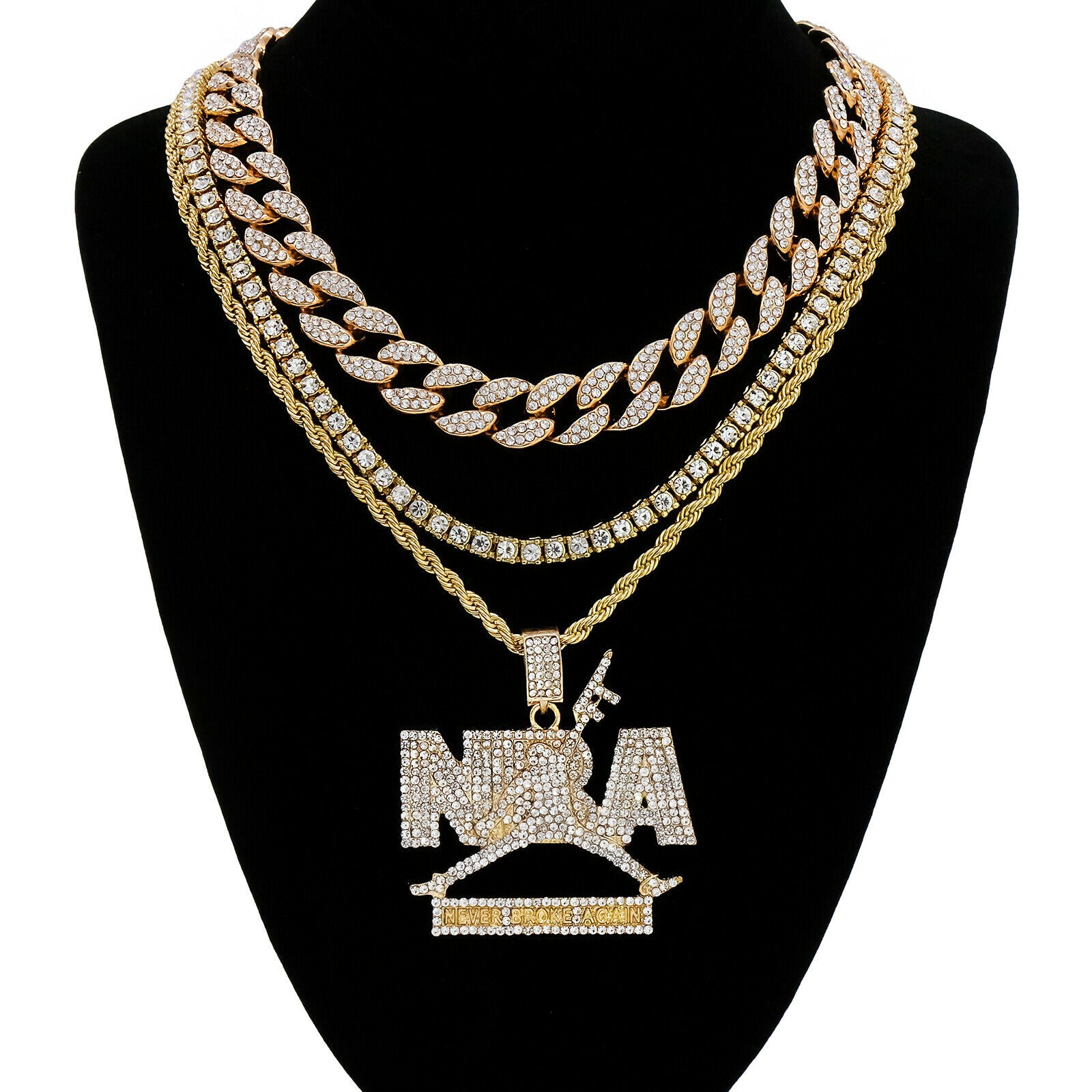 NbA Never Brock Again 4 Pcs Set Cuban, Tennis & Rope Chain Bundle Gold PT