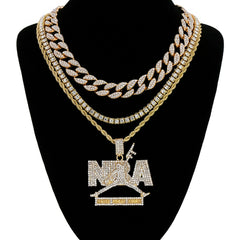 NbA Never Brock Again 4 Pcs Set Cuban, Tennis & Rope Chain Bundle Gold PT