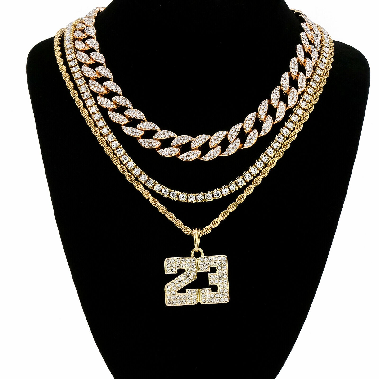 #23 4 Pcs Set Cuban, Tennis & Rope Chain Bundle Gold PT