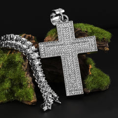 Cubic-Zirconia Two Cross Pendant Silver Plated ICED Two Tennis 18", 20" Chain