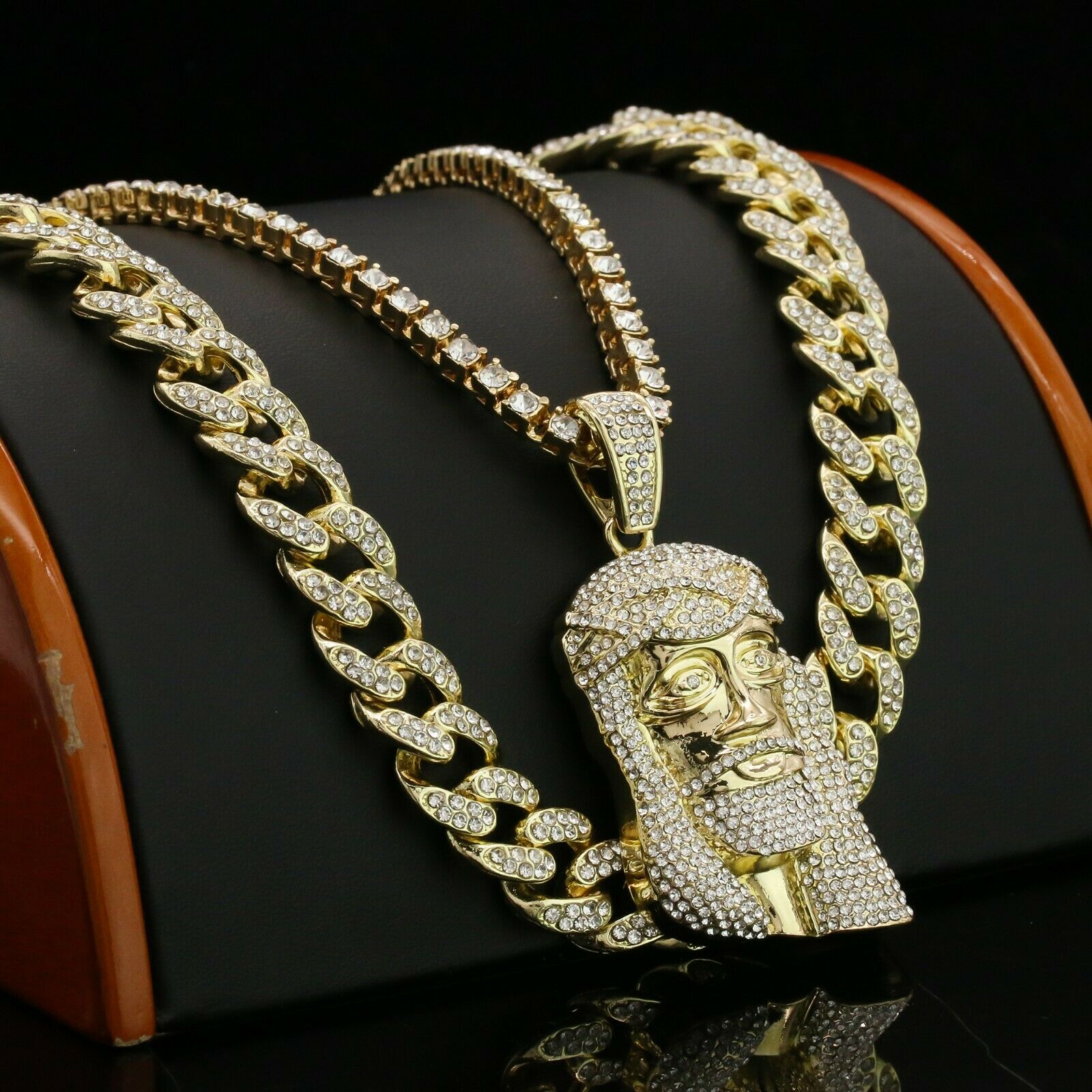 3pc Men's Gold Plated Cz Thick Jesus Face w/ Cz Cuban & Thin Tennis Chain 22"/24