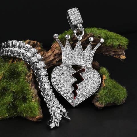 Cubic-Zirconia Broken Heart Crown Pendant Silver Plated ICED Two Tennis Chain