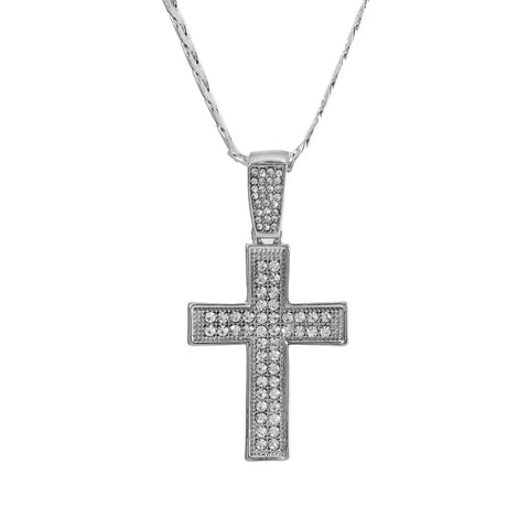 Cubic-Zirconia Two Row Cross Pendant Silver Plated Cuban Choker 18" Chain