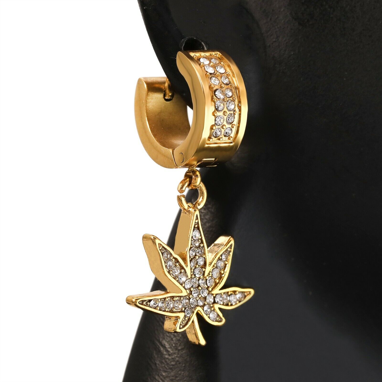 Cubic-Zirconia Gold Stainless Steal 2 Row Marijuana Huggie Hoop Dangle Earrings