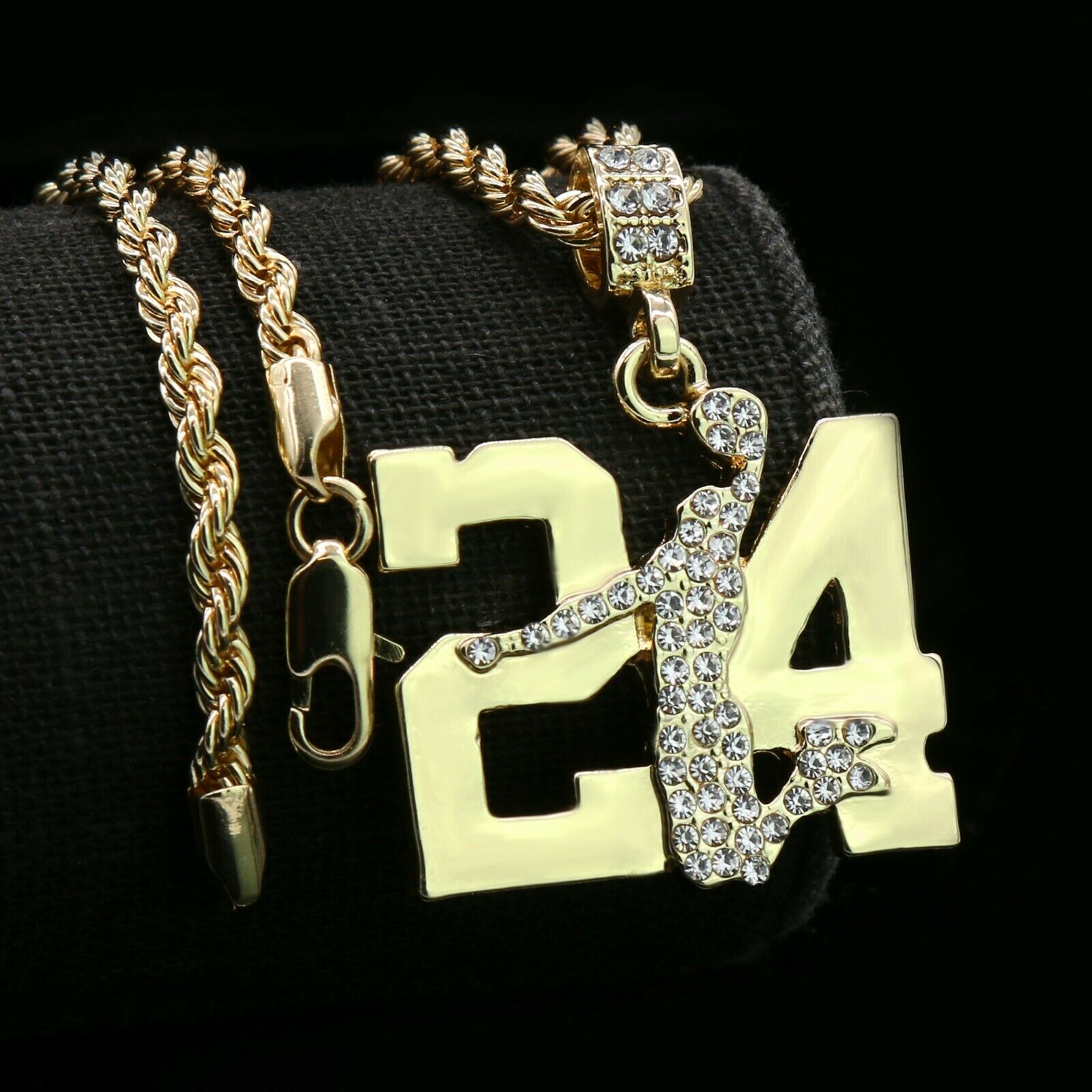 Gold / Clear #24 Jump CZ Man Basketball Pendant with Rope Chain