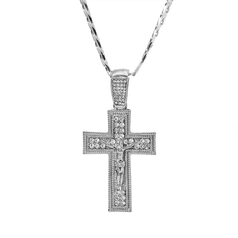 Cubic-Zirconia Two Row Jesus Cross Pendant Silver Plated Cuban Choker 20" Chain