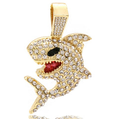 High Fashion Gold Plated AB 2 Row Cuban Tennis Chains & Cz Shark Flooded Pendant