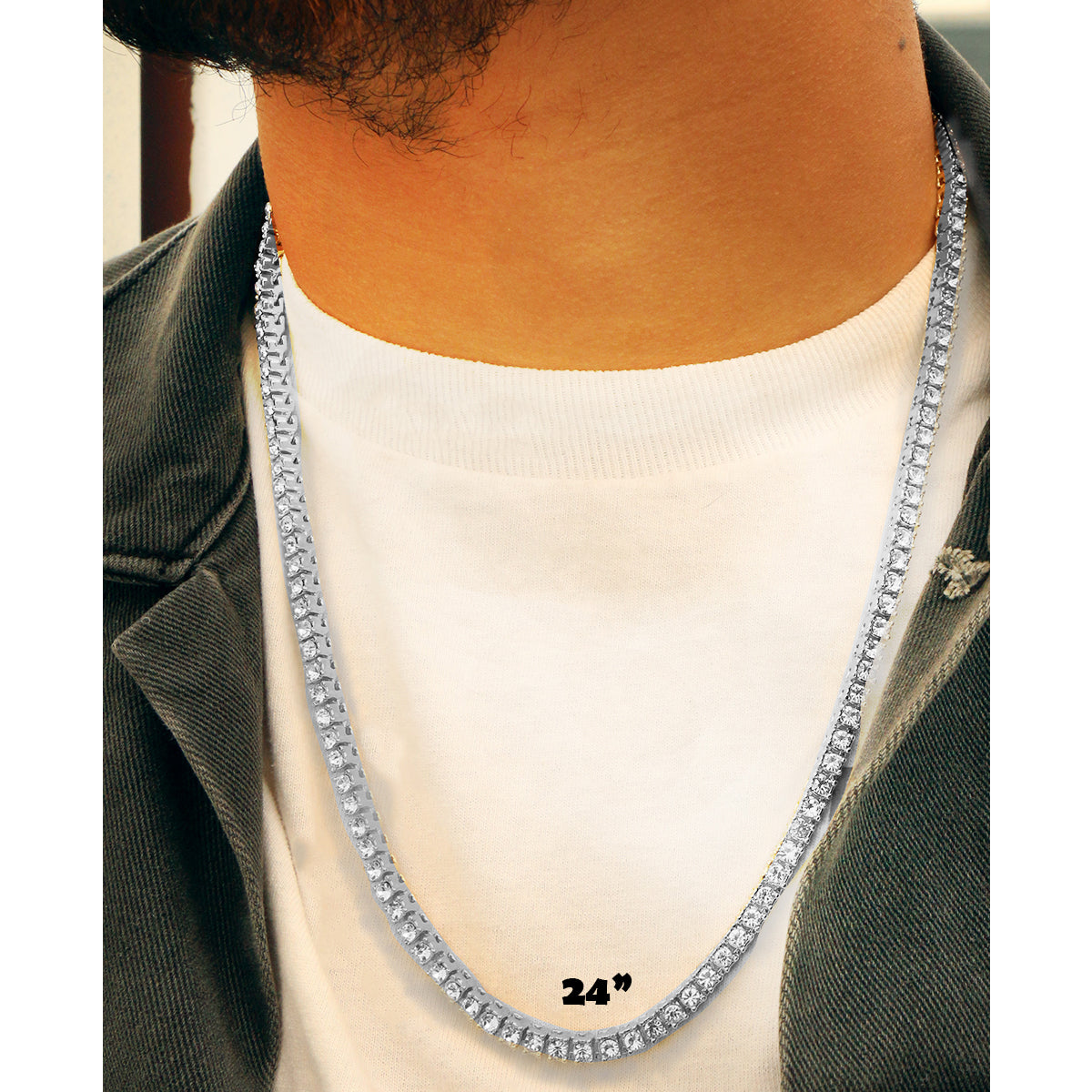 White GOLD TENNIS CHAIN 18" 20" 24" 30"