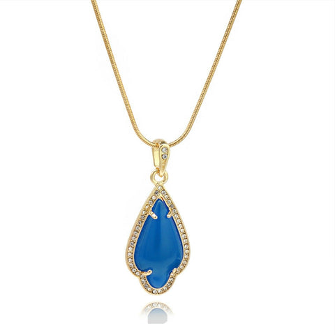 Blue Women's Pendants 14K Gold Plated Lab Diamond Mounted Curved Tear Resin Jade High Fashion Jewelry Chain Pendant Necklaces