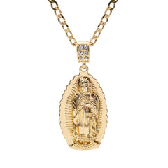 Catholic Oval Wavy Guadalupe Pendant Cubic-Zirconia Gold Plated 20" Cuban Chain