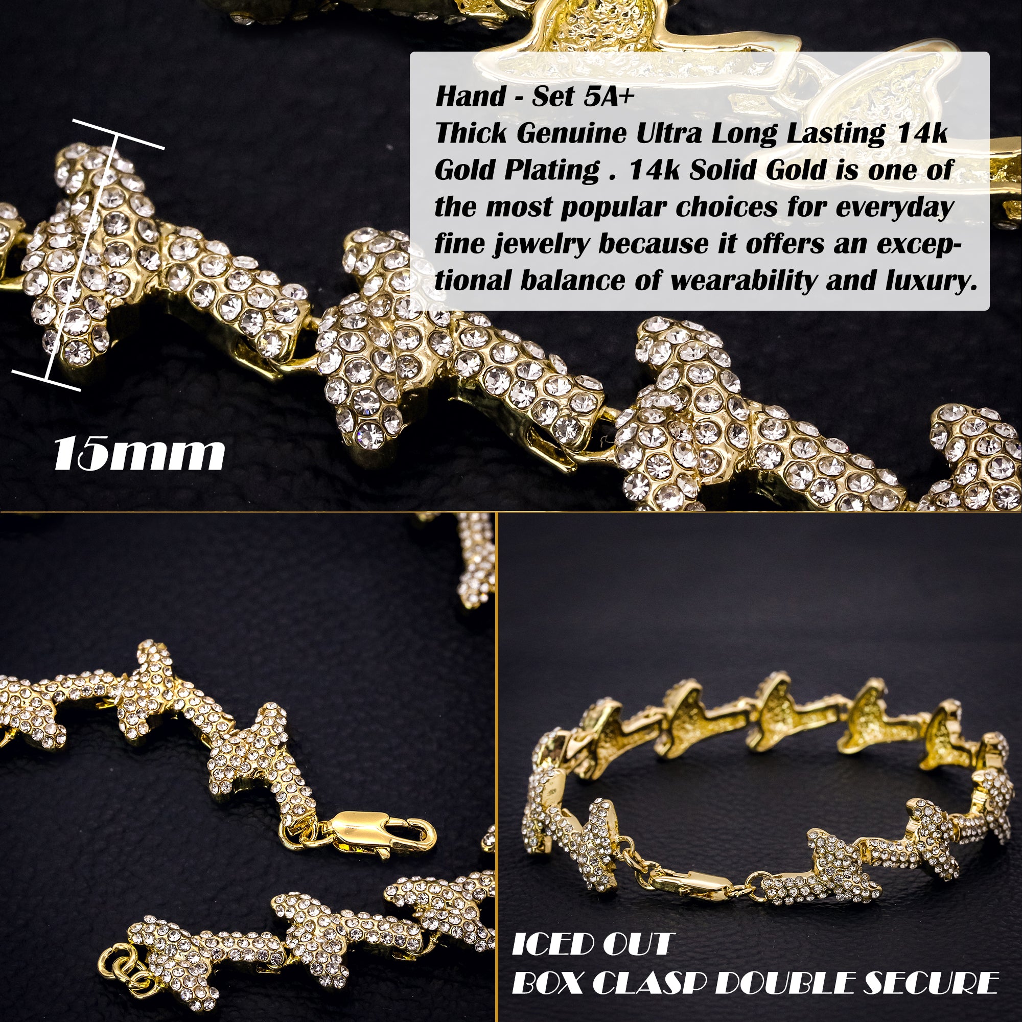 Barbed Wire Bracelet Spiky Iced 14k Gold Plated 15 mm 9"