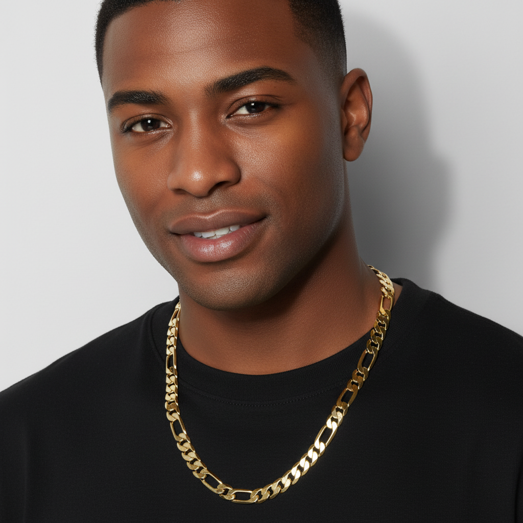 11 MM/24" FIGARO LINK CHAIN NECKLACE 14K REAL GOLD FILLED