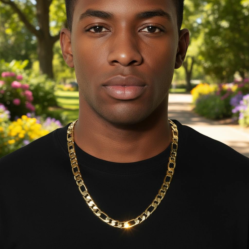 12 MM/24" FIGARO LINK CHAIN NECKLACE 14K REAL GOLD FILLED