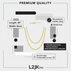 6 MM/30" FIGARO LINK CHAIN NECKLACE SLIM 14K REAL GOLD FILLED