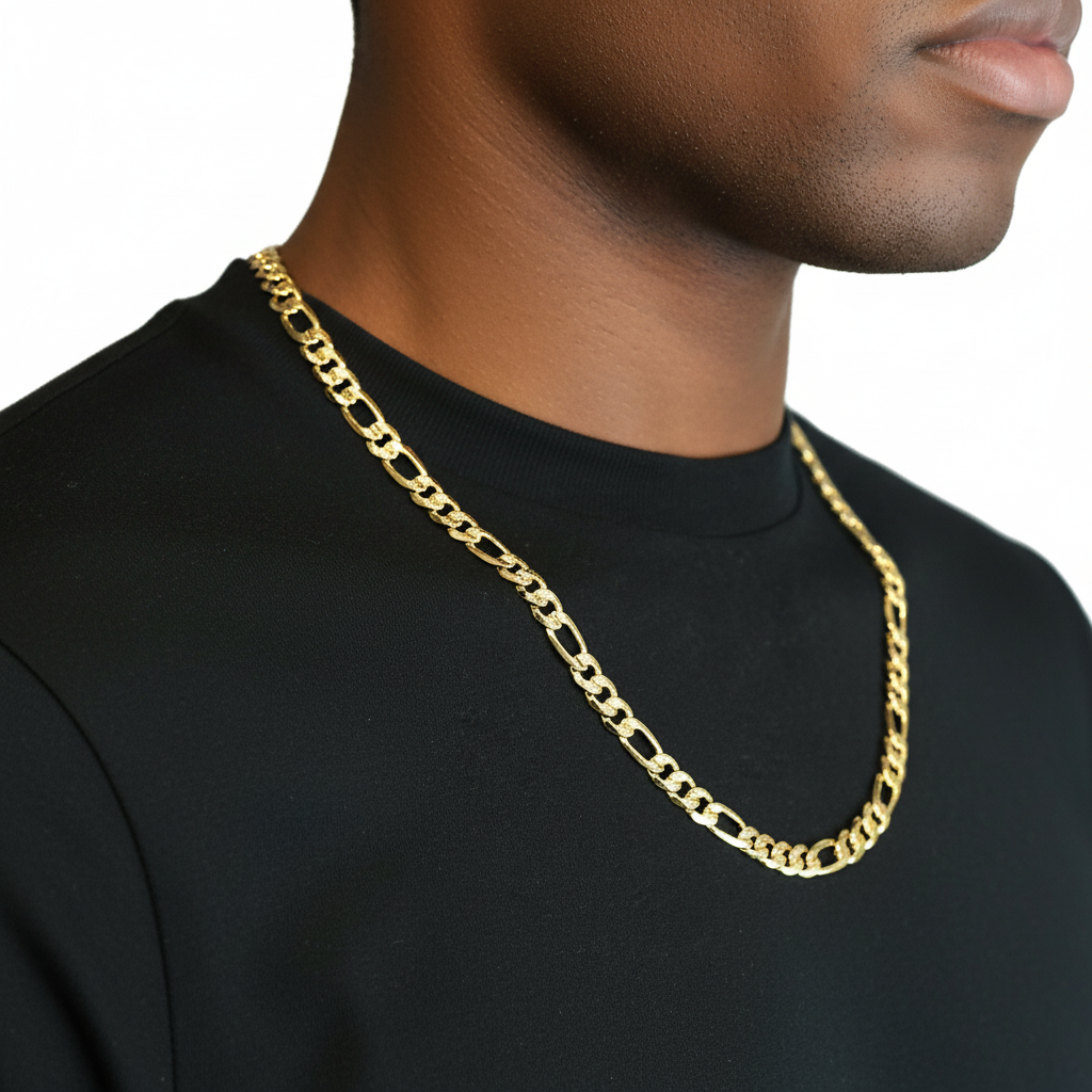 FROSTED 9 MM/24" FIGARO LINK CHAIN NECKLACE 14K REAL GOLD FILLED