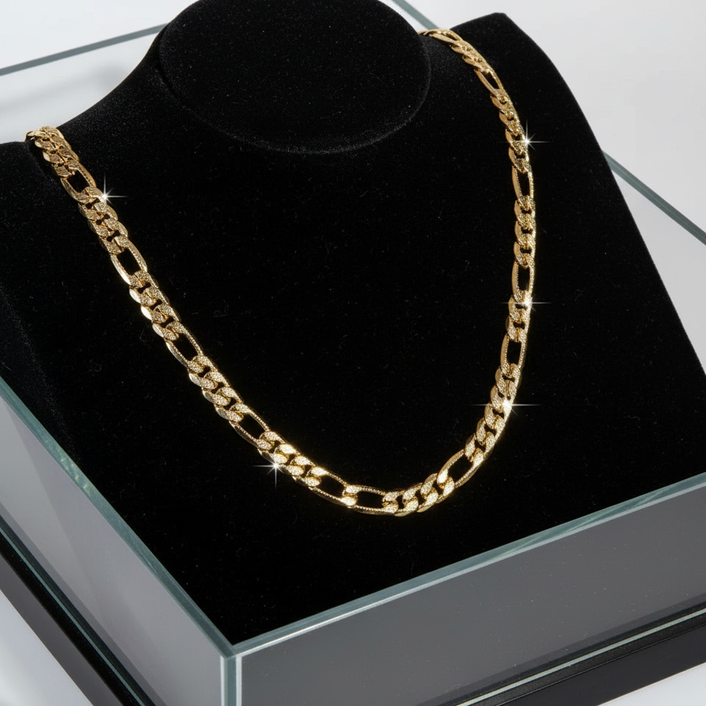 FROSTED 9 MM/24" FIGARO LINK CHAIN NECKLACE 14K REAL GOLD FILLED