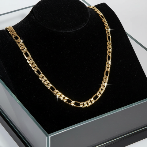 FROSTED 9 MM/24" FIGARO LINK CHAIN NECKLACE 14K REAL GOLD FILLED