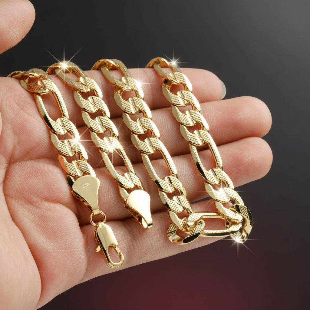 FROSTED 11 MM/24" FIGARO LINK CHAIN NECKLACE 14K REAL GOLD FILLED