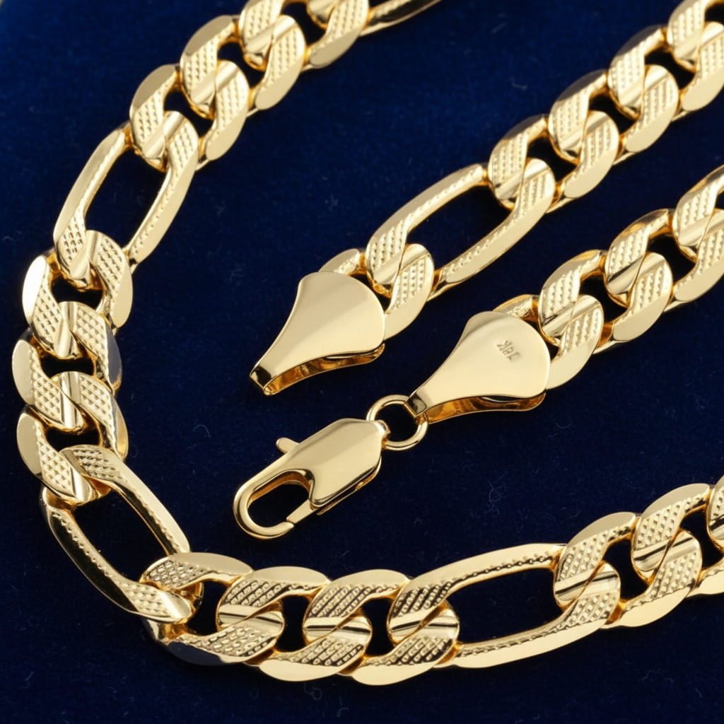FROSTED 11 MM/24" FIGARO LINK CHAIN NECKLACE 14K REAL GOLD FILLED