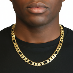 FROSTED 12 MM/24" FIGARO LINK CHAIN NECKLACE 14K REAL GOLD FILLED