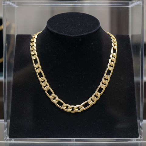 FROSTED 12 MM/24" FIGARO LINK CHAIN NECKLACE 14K REAL GOLD FILLED