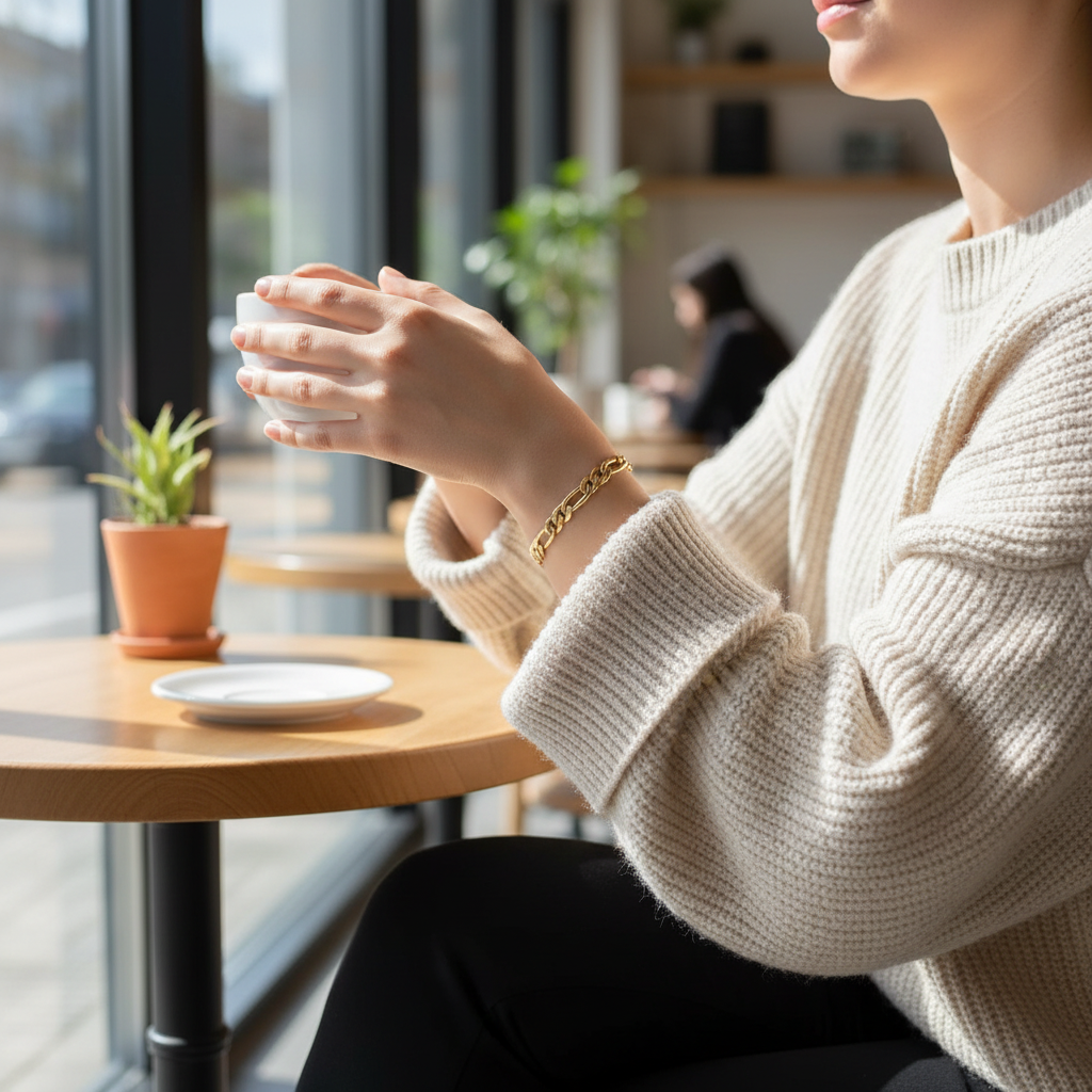 6MM/8"INCHES WIDE 14K GOLD FINISH FIGARO LINK BRACELET