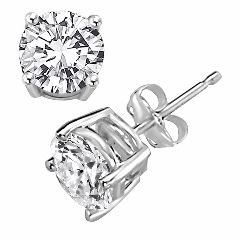 Blingkingstar White Gold-Plated Round CZ Stud Earrings – 3MM–10MM AAA Cubic Zirconia, Double-Prong Basket Setting, Push-Back Posts for Men & Women
