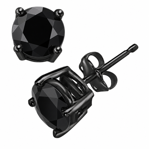 Black Round CZ Stud Earrings – 3MM–10MM AAA Cubic Zirconia, Double-Prong Basket Setting, Diamond-Look Fashion Earrings for Men & Women