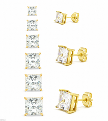 Gold Cz Square Cubic 6pcsBlingkingstar Gold-Plated Square CZ Stud Earrings – 3MM–10MM AAA Cubic Zirconia, Double-Prong Basket Setting, Butterfly Backing, Diamond-Look Fashion Earrings for Men & Women