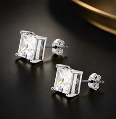 Blingkingstar White Gold-Plated Square CZ Stud Earrings – 3MM–10MM AAA Cubic Zirconia, Double-Prong Basket Setting, Butterfly Backing, Diamond-Look Stud Earrings for Men & Women