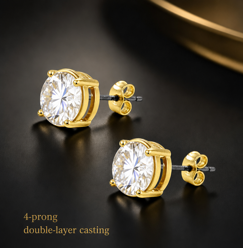 Blingkingstar Gold-Plated Round CZ Stud Earrings – 3MM–10MM AAA Cubic Zirconia, Double-Prong Basket Setting, Butterfly Backing, Diamond-Look Fashion Earrings for Men & Women