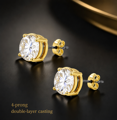 Blingkingstar Gold-Plated Round CZ Stud Earrings – 3MM–10MM AAA Cubic Zirconia, Double-Prong Basket Setting, Butterfly Backing, Diamond-Look Fashion Earrings for Men & Women