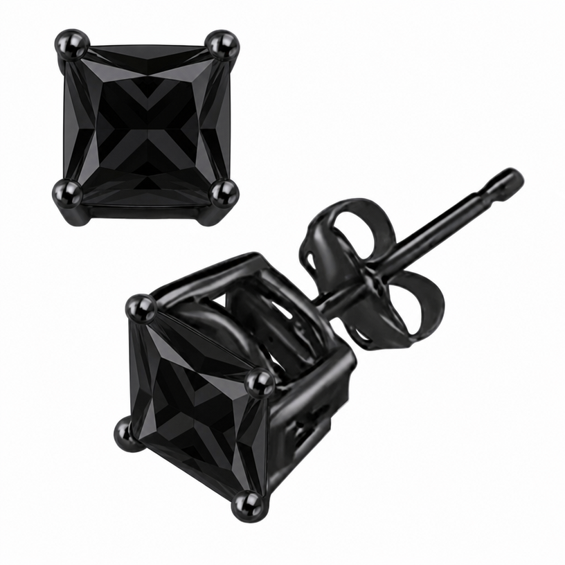 Blingkingstar Black Square CZ Stud Earrings – 3MM–10MM AAA Cubic Zirconia, Double-Prong Basket Setting, Butterfly Backing, Diamond-Look Fashion Earrings for Men & Women