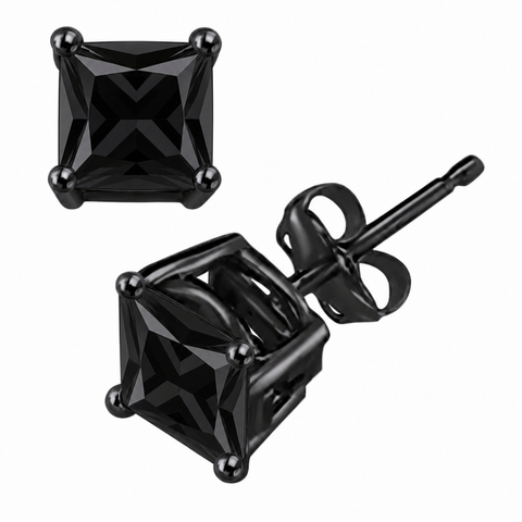 Blingkingstar Black Square CZ Stud Earrings – 3MM–10MM AAA Cubic Zirconia, Double-Prong Basket Setting, Butterfly Backing, Diamond-Look Fashion Earrings for Men & Women