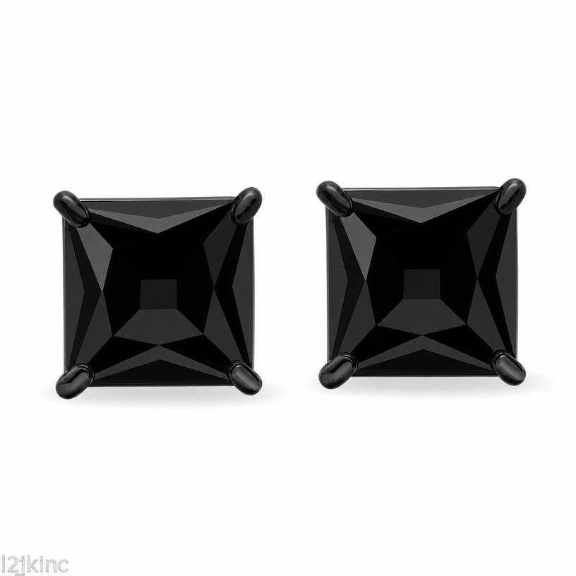 Blingkingstar Black Square CZ Stud Earrings – 3MM–10MM AAA Cubic Zirconia, Double-Prong Basket Setting, Butterfly Backing, Diamond-Look Fashion Earrings for Men & Women