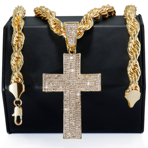 Curved Cross Fully Iced | 14K Rope Necklace Gold Plated 10mm