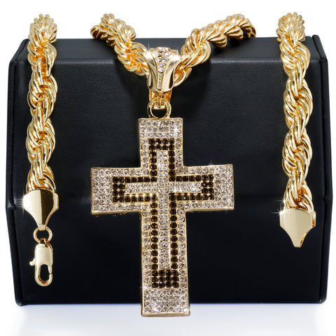 Latin Cross Fully Iced | 14K Rope Necklace Gold Plated 10mm