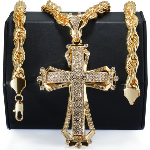 Hollow Cross Fully Iced | 14K Rope Necklace Gold Plated 10mm