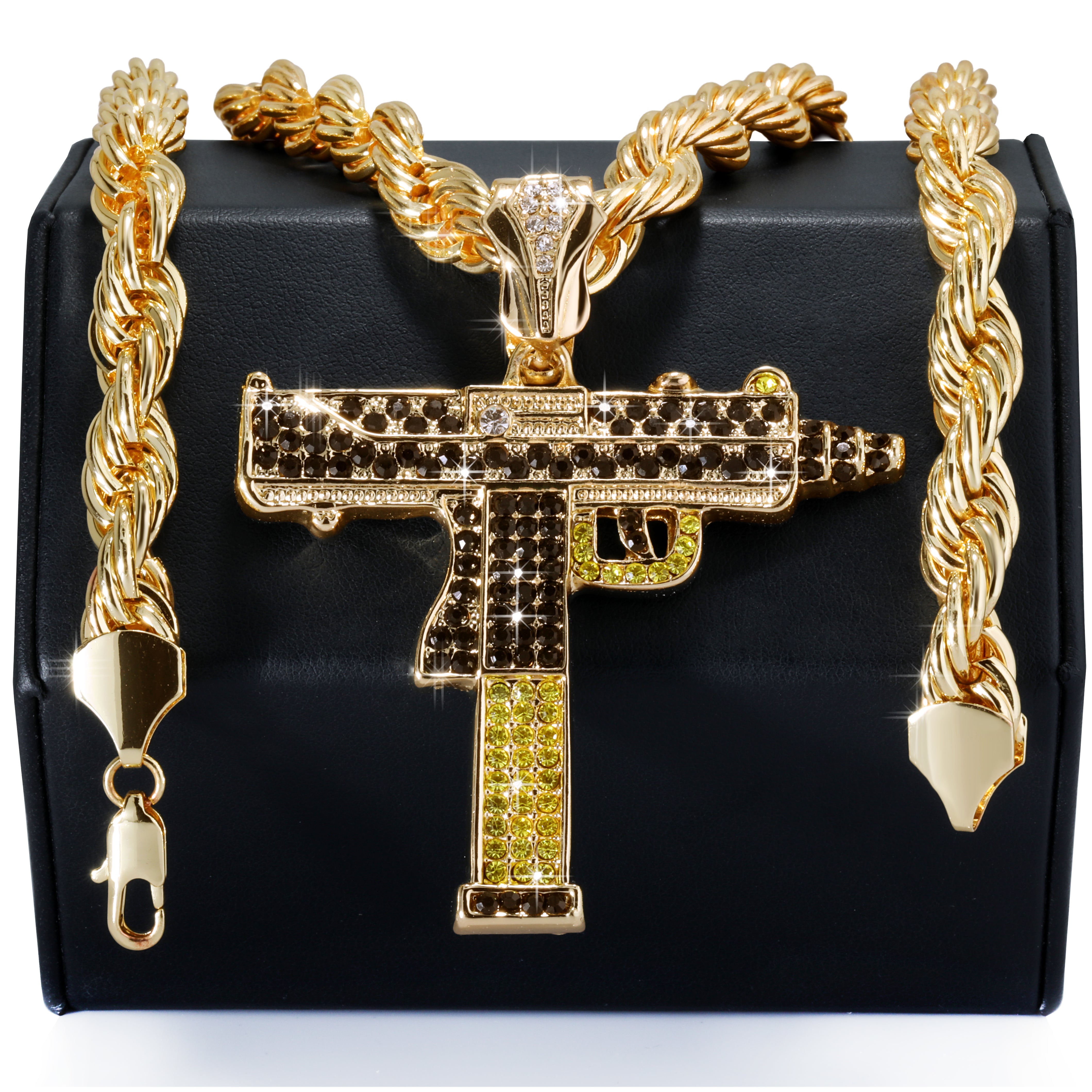 Two Tone Iced Uzi | 14K Rope Necklace Gold Plated 10mm